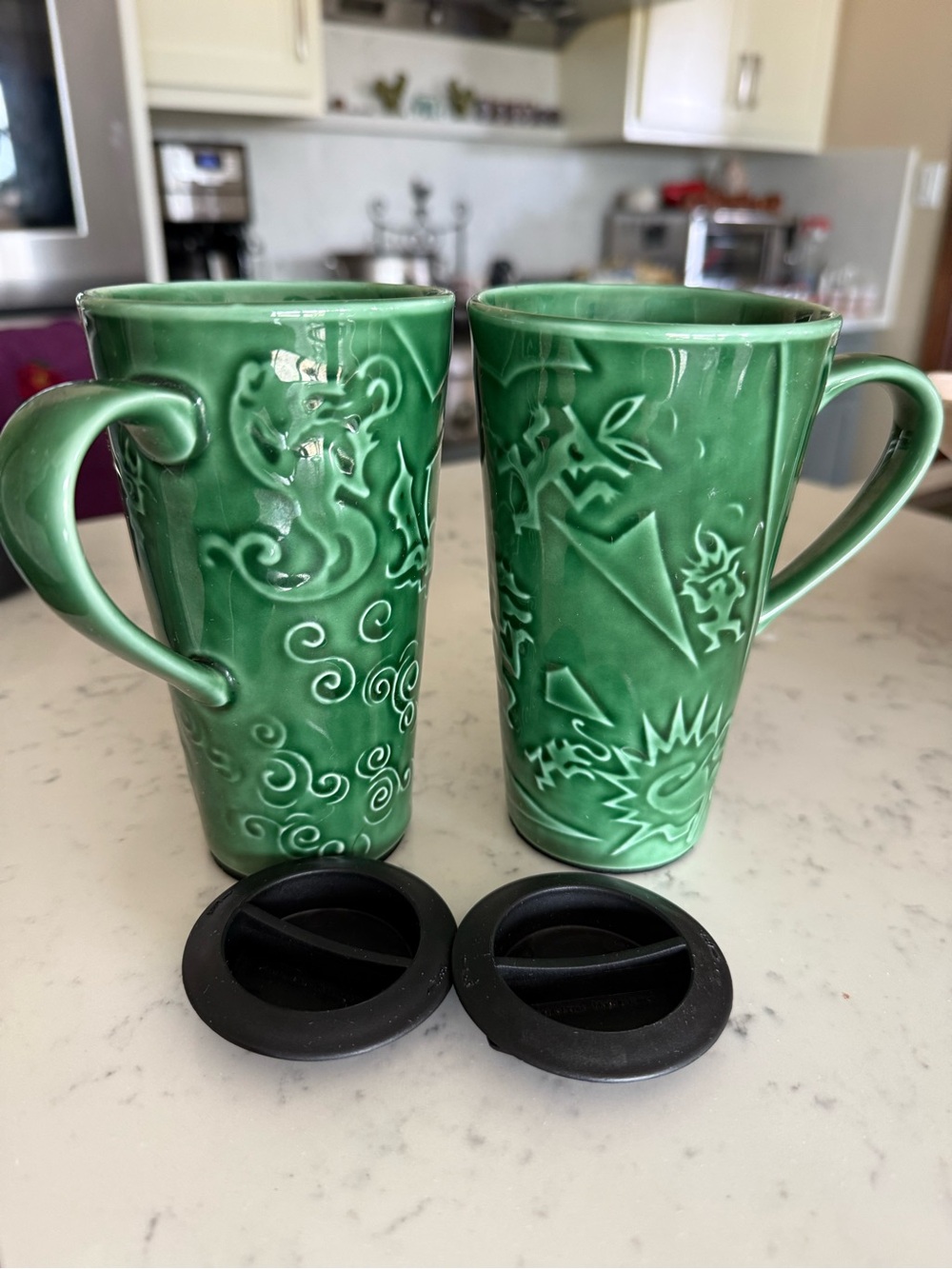 Vintage 1990s Starbucks Chaleur Green Ceramic  mugs. Rare Embossed Siren Mermaid